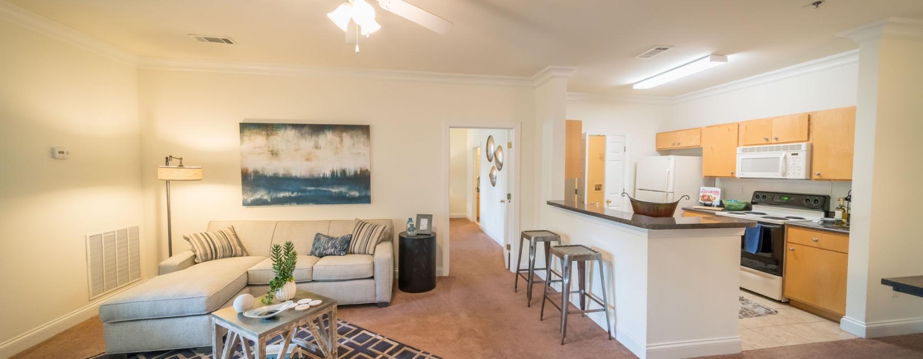 a living room with a couch and a table